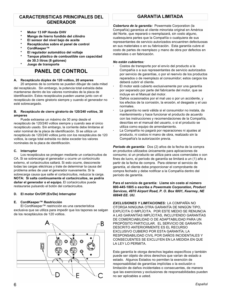 Panel de control | Powermate PM0496500.01 User Manual | Page 6 / 12