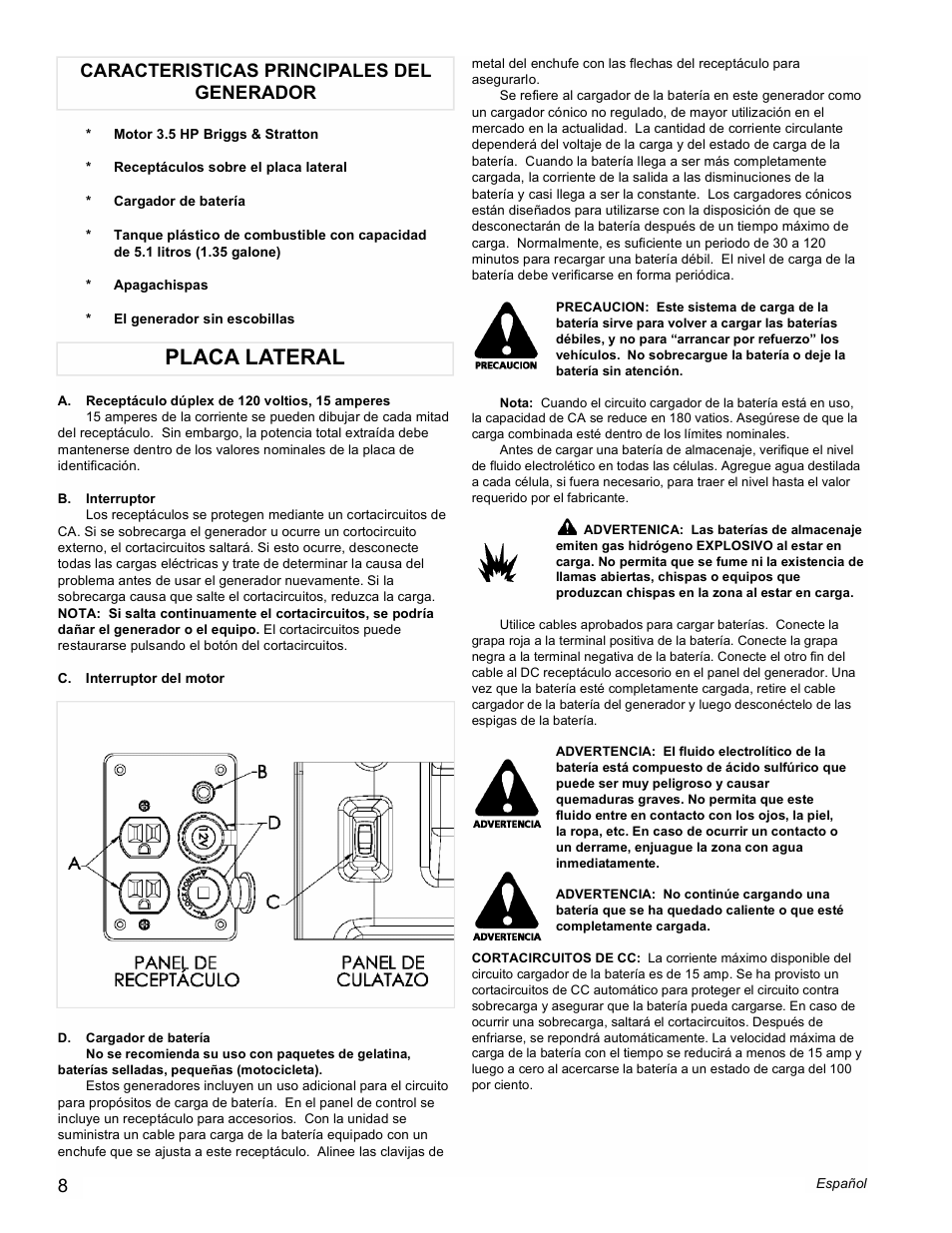 Placa lateral, Caracteristicas principales del generador | Powermate PMC401853 User Manual | Page 8 / 16