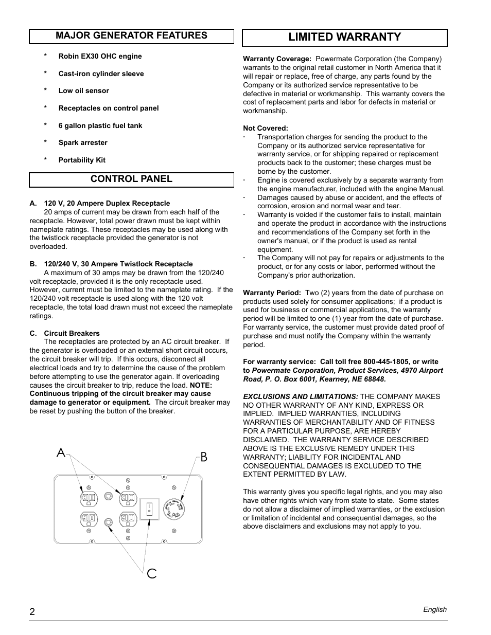 Limited warranty, Control panel major generator features | Powermate PMC435251 User Manual | Page 2 / 16