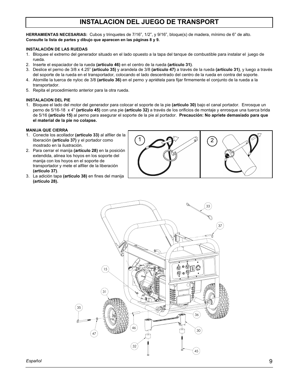 Instalacion del juego de transport | Powermate PMC435251 User Manual | Page 9 / 16