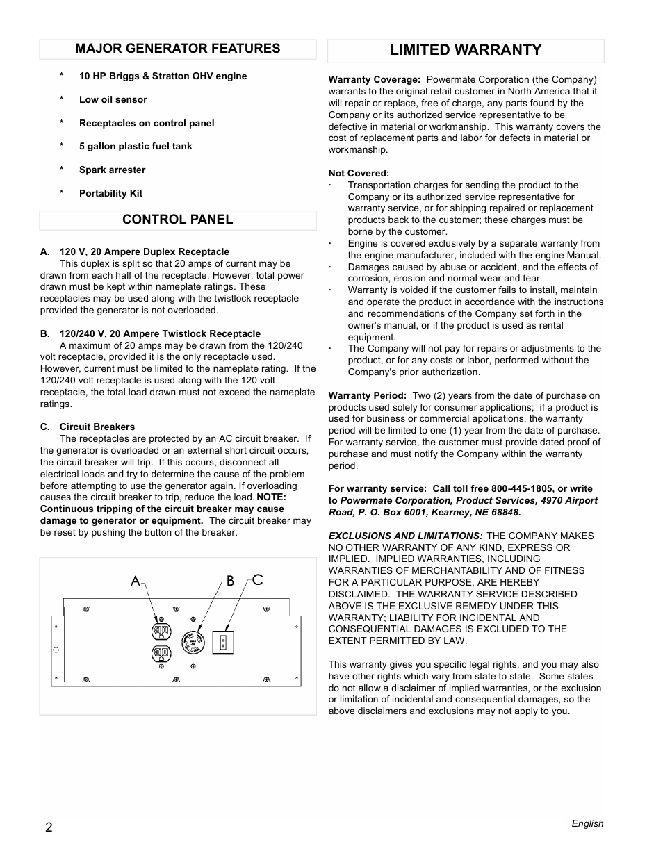 Limited warranty, Control panel major generator features | Powermate PMC545006 User Manual | Page 2 / 12