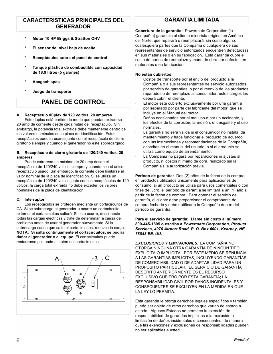 Panel de control | Powermate PMC545006 User Manual | Page 6 / 12