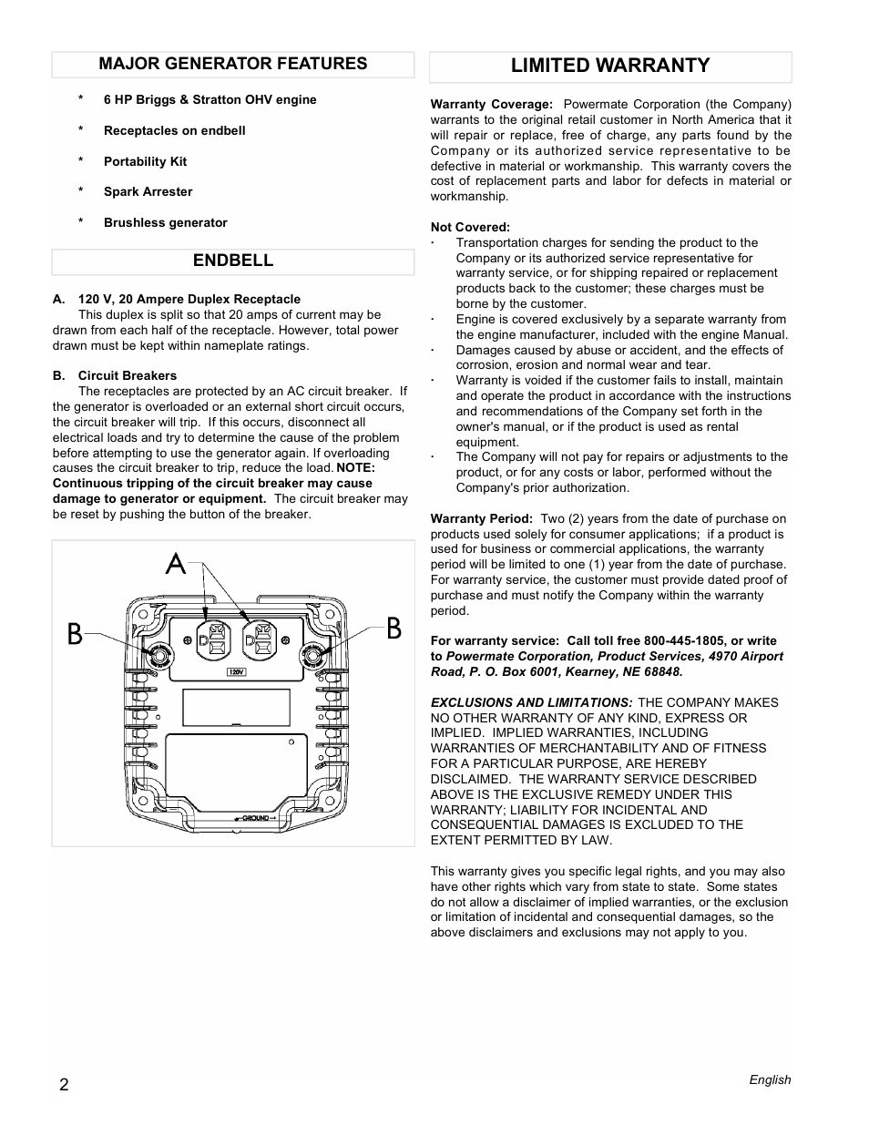 Limited warranty, Endbell major generator features | Powermate PMC543000 User Manual | Page 2 / 12