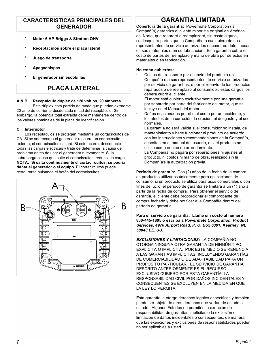 Placa lateral, Garantia limitada, Caracteristicas principales del generador | Powermate PMC543000 User Manual | Page 6 / 12