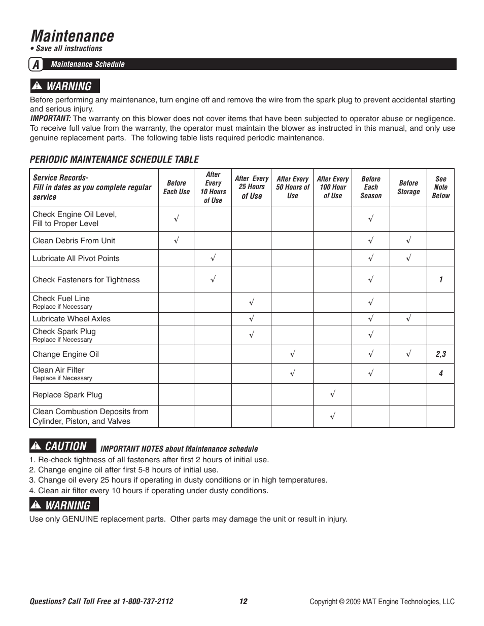 Maintenance, Caution, Warning | Powermate CYCLONE P-WB-163150-[E] User Manual | Page 13 / 44