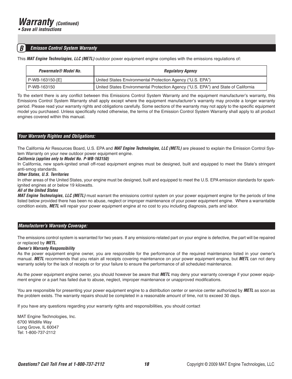 Warranty | Powermate CYCLONE P-WB-163150-[E] User Manual | Page 19 / 44