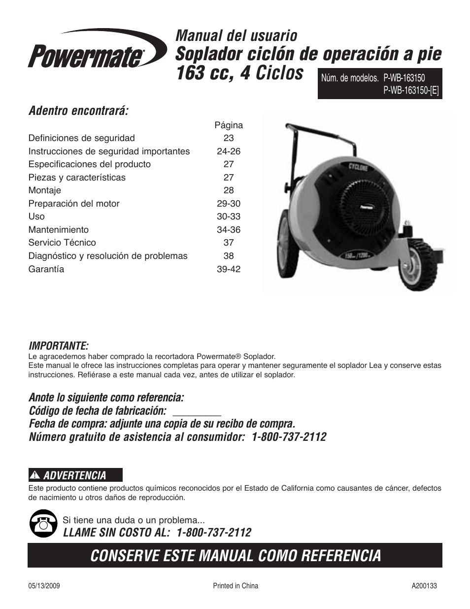 163 cc, 4 ciclos, Soplador ciclón de operación a pie, Manual del usuario | Conserve este manual como referencia, Adentro encontrará | Powermate CYCLONE P-WB-163150-[E] User Manual | Page 23 / 44