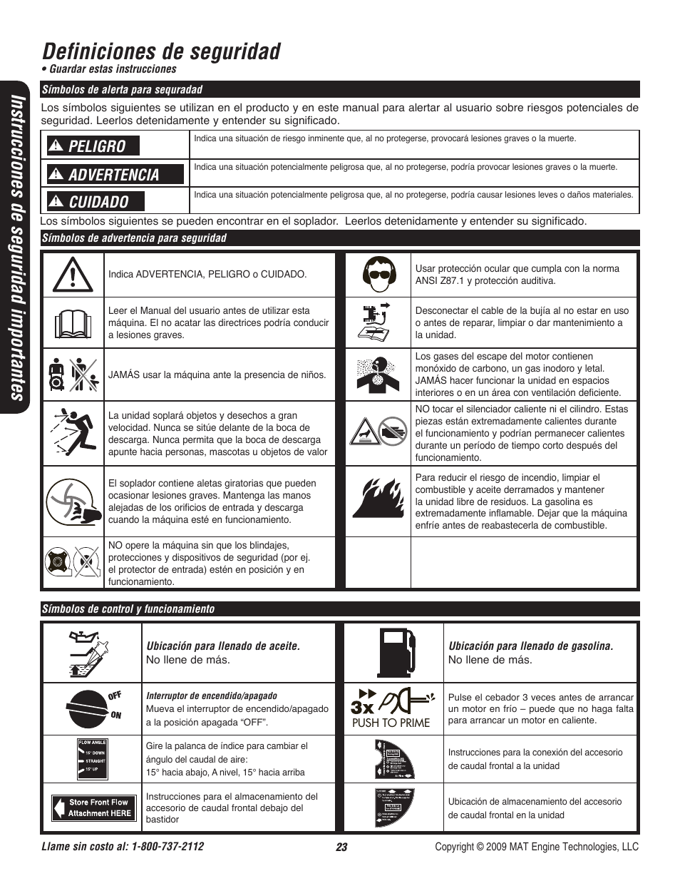 Definiciones de seguridad, Instrucciones de seguridad importantes, Advertencia peligro cuidado | Powermate CYCLONE P-WB-163150-[E] User Manual | Page 24 / 44