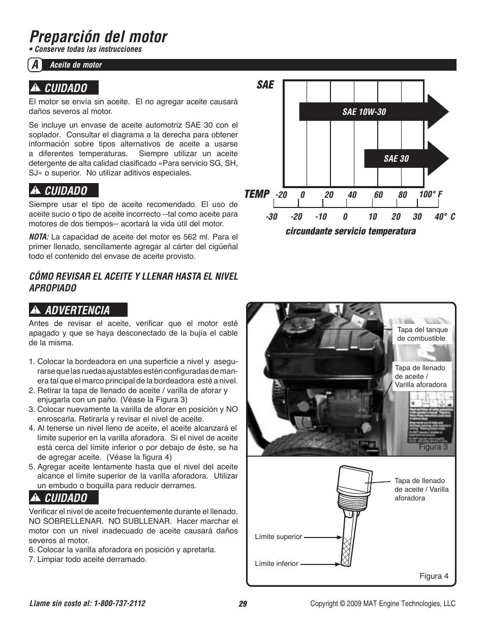 Preparción del motor, Cuidado, Advertencia | Sae temp | Powermate CYCLONE P-WB-163150-[E] User Manual | Page 30 / 44