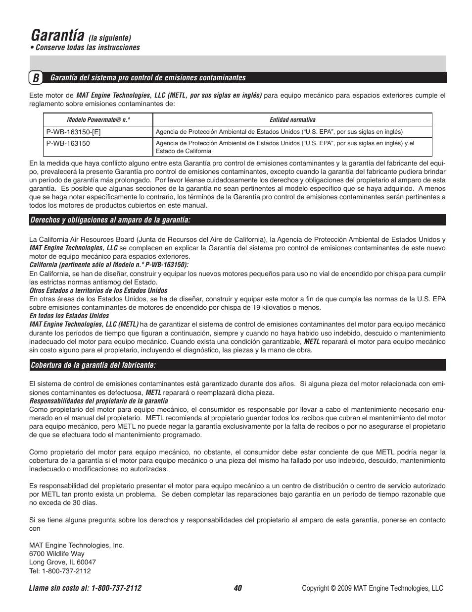 Garantía | Powermate CYCLONE P-WB-163150-[E] User Manual | Page 41 / 44