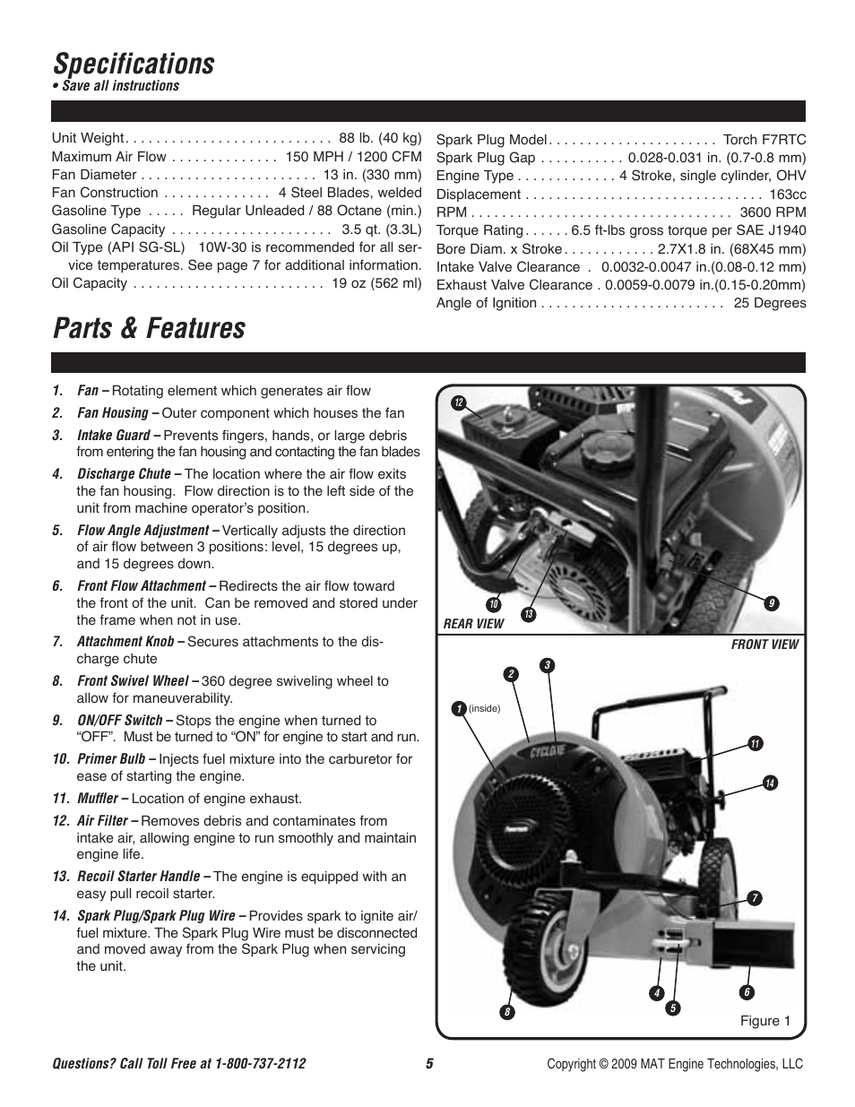 Specifications, Parts & features | Powermate CYCLONE P-WB-163150-[E] User Manual | Page 6 / 44