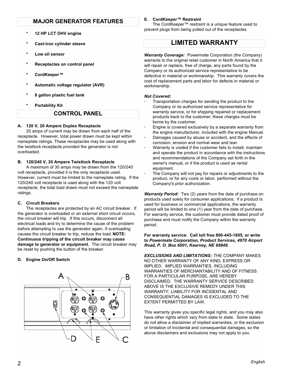 Limited warranty, Control panel major generator features | Powermate PM0116000.01 User Manual | Page 2 / 12
