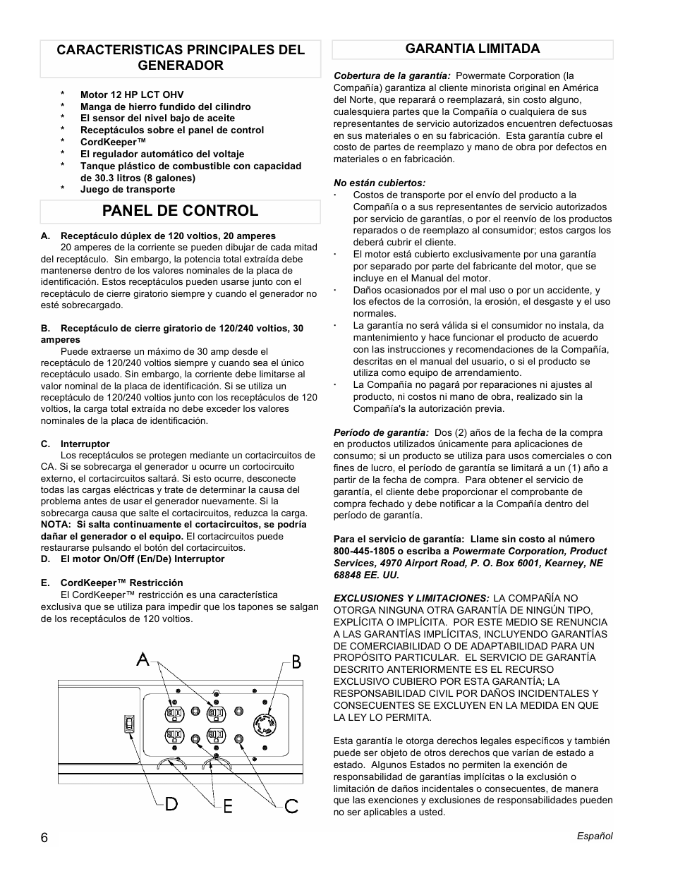 Panel de control | Powermate PM0116000.01 User Manual | Page 6 / 12