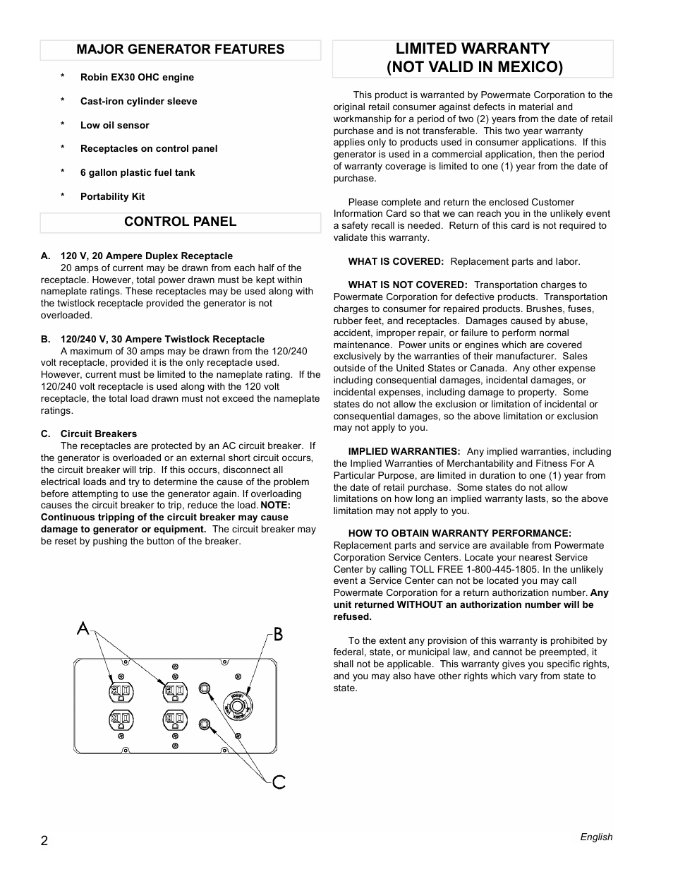 Limited warranty (not valid in mexico), Control panel major generator features | Powermate PM0435251 User Manual | Page 2 / 12