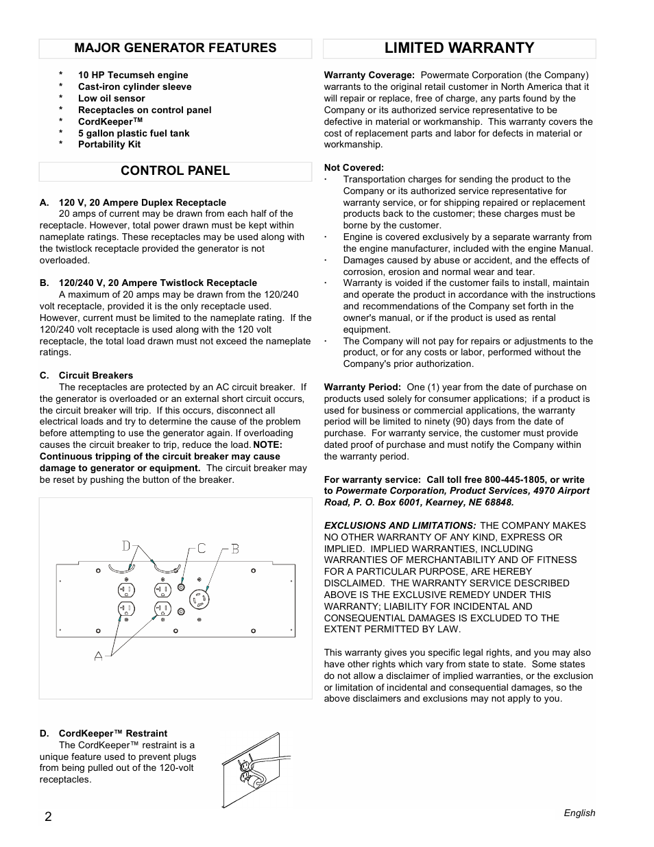 Limited warranty, Control panel major generator features | Powermate PM0525312.01 User Manual | Page 2 / 12