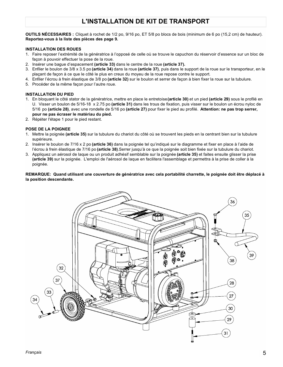 L'installation de kit de transport | Powermate PM0525312.01 User Manual | Page 5 / 12