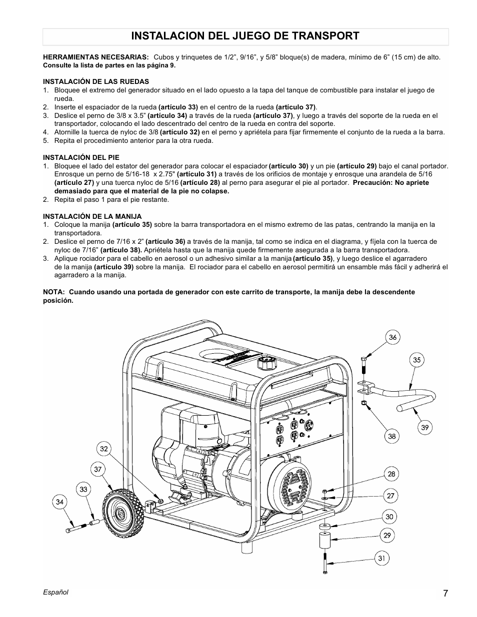 Instalacion del juego de transport | Powermate PM0525312.01 User Manual | Page 7 / 12