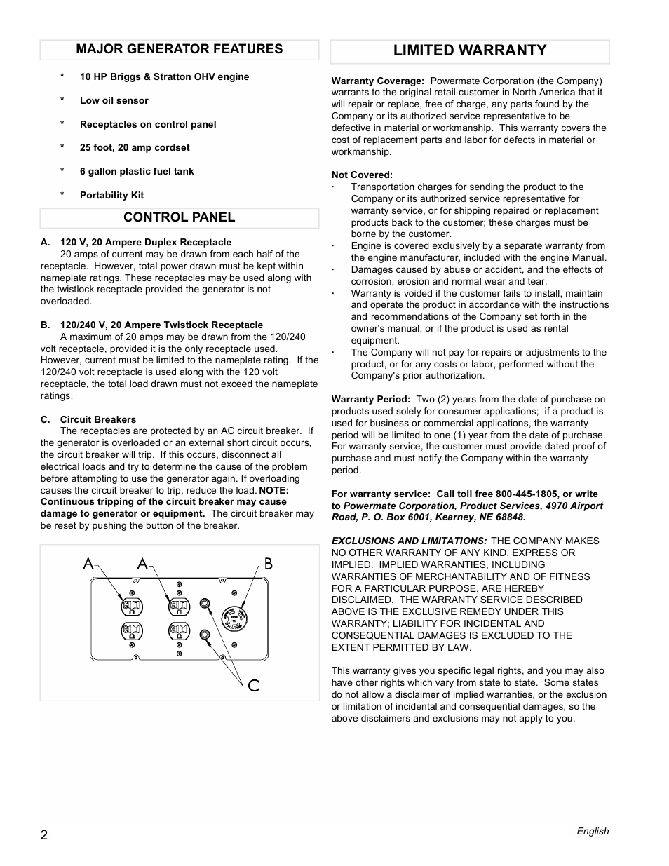 Limited warranty, Control panel major generator features | Powermate PM0545002 User Manual | Page 2 / 12