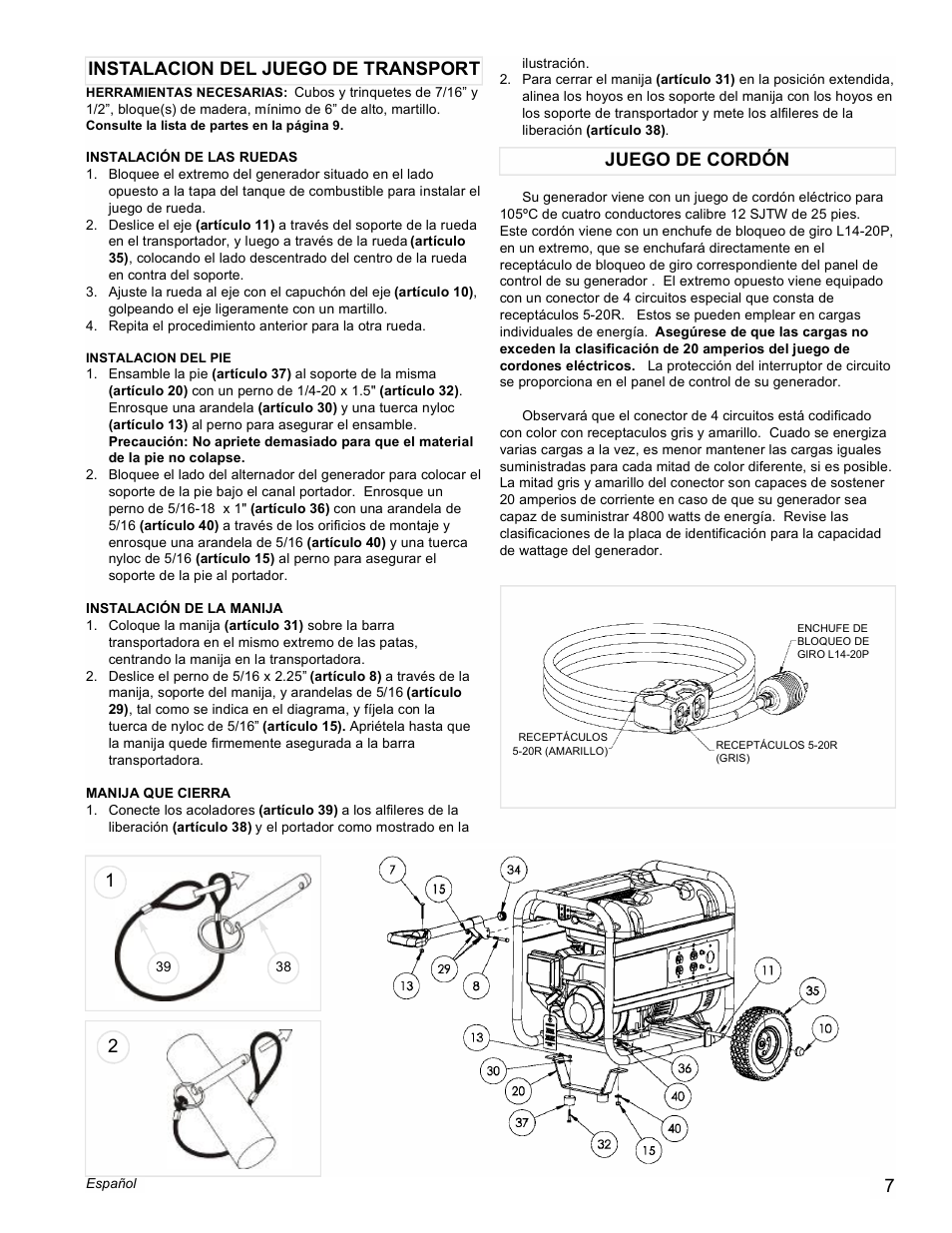Instalacion del juego de transport juego de cordón | Powermate PM0545002 User Manual | Page 7 / 12