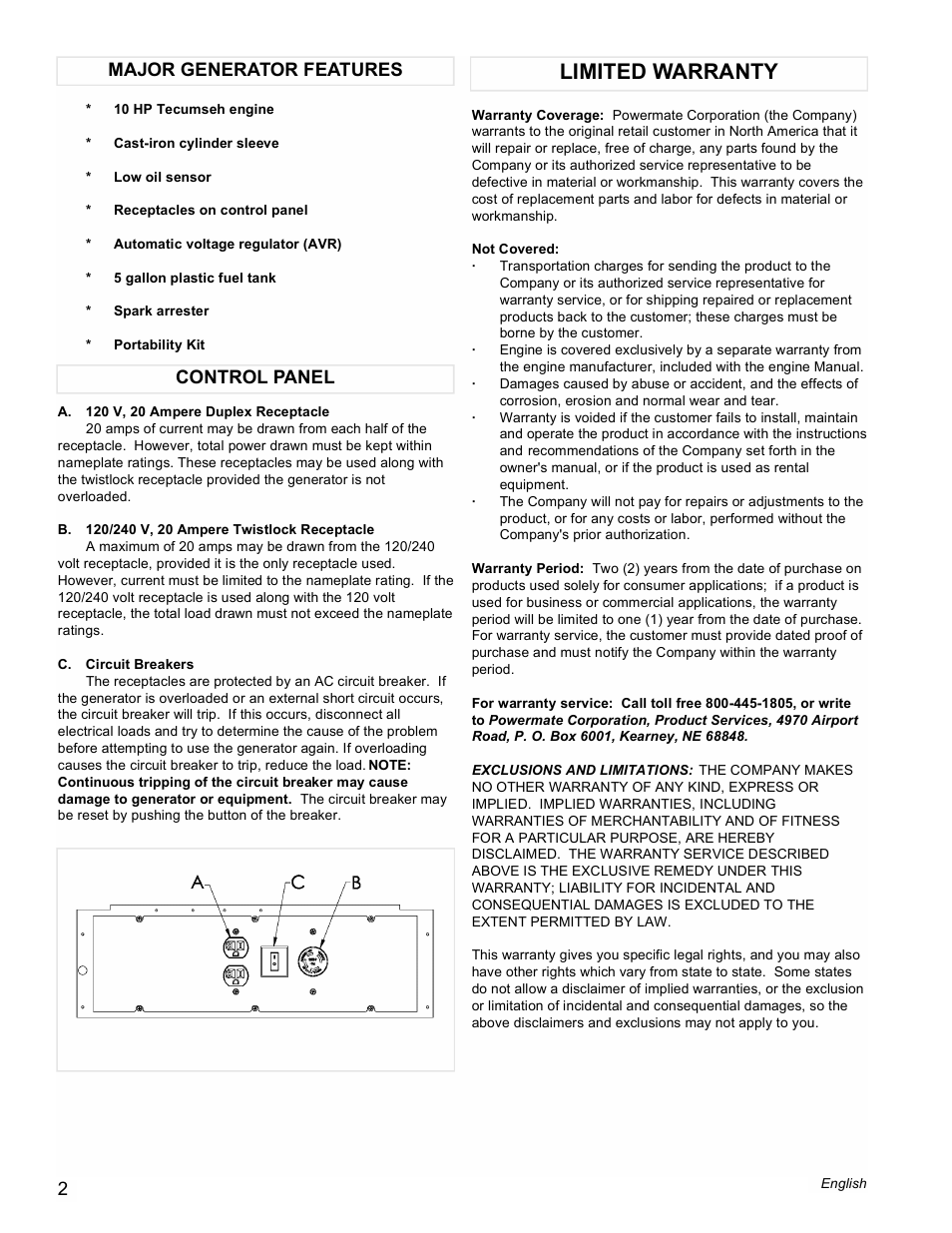 Limited warranty, Control panel major generator features | Powermate PC0525305 User Manual | Page 2 / 12