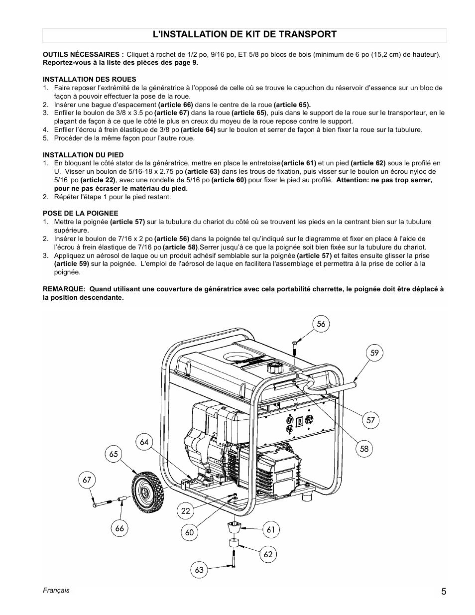 L'installation de kit de transport | Powermate PC0525305 User Manual | Page 5 / 12