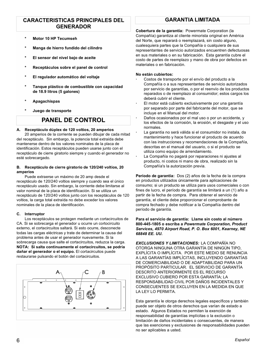 Panel de control | Powermate PC0525305 User Manual | Page 6 / 12