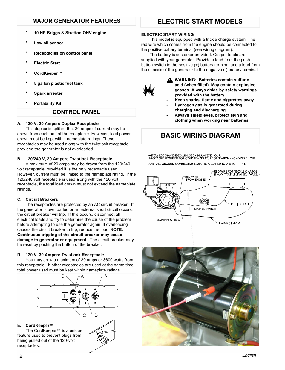 Electric start models basic wiring diagram, Control panel major generator features | Powermate PMC505622 User Manual | Page 2 / 16