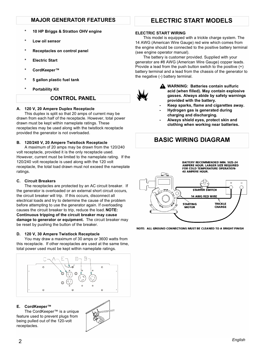 Electric start models basic wiring diagram, Control panel major generator features | Powermate PMA505622 User Manual | Page 2 / 12