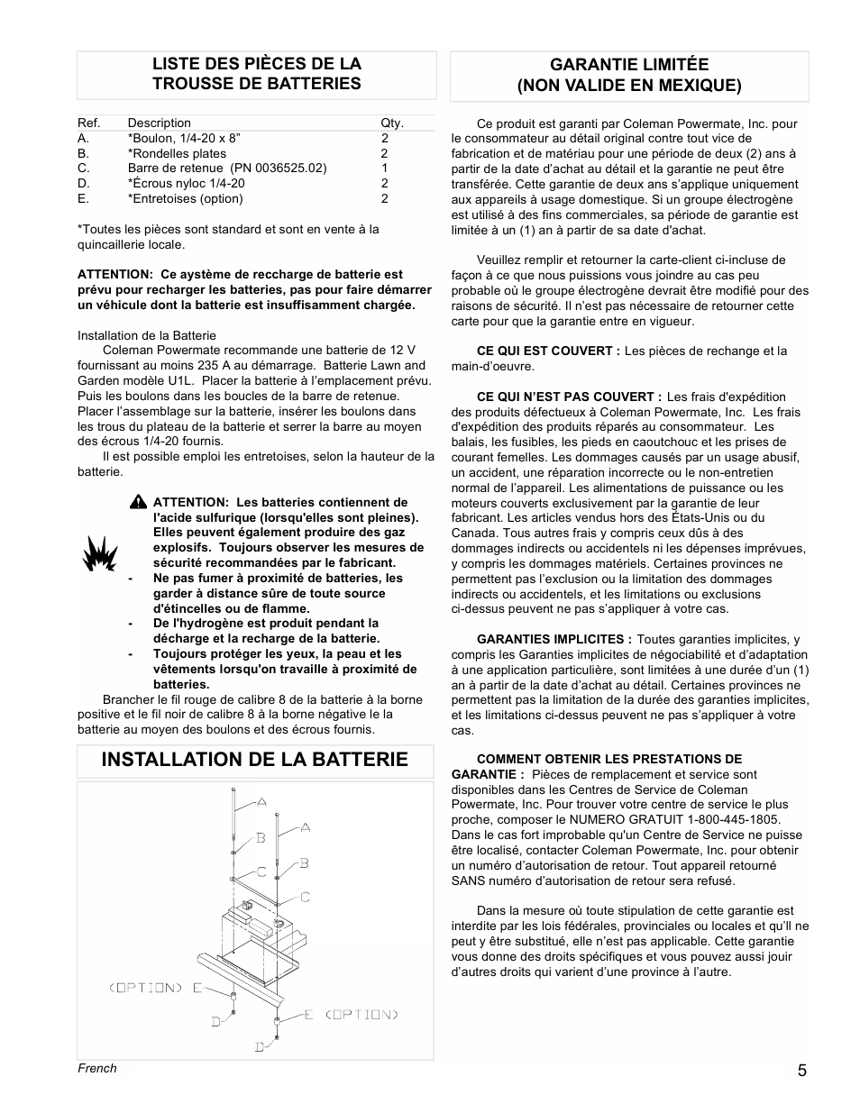 Installation de la batterie, Garantie limitée (non valide en mexique), Liste des pièces de la trousse de batteries | Powermate PMA505622 User Manual | Page 5 / 12