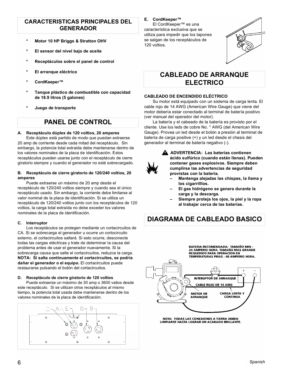 Panel de control, Caracteristicas principales del generador | Powermate PMA505622 User Manual | Page 6 / 12