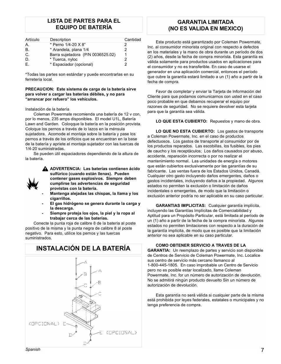 Instalación de la batería, Garantia limitada (no es valida en mexico) 7, Lista de partes para el equipo de batería | Powermate PMA505622 User Manual | Page 7 / 12