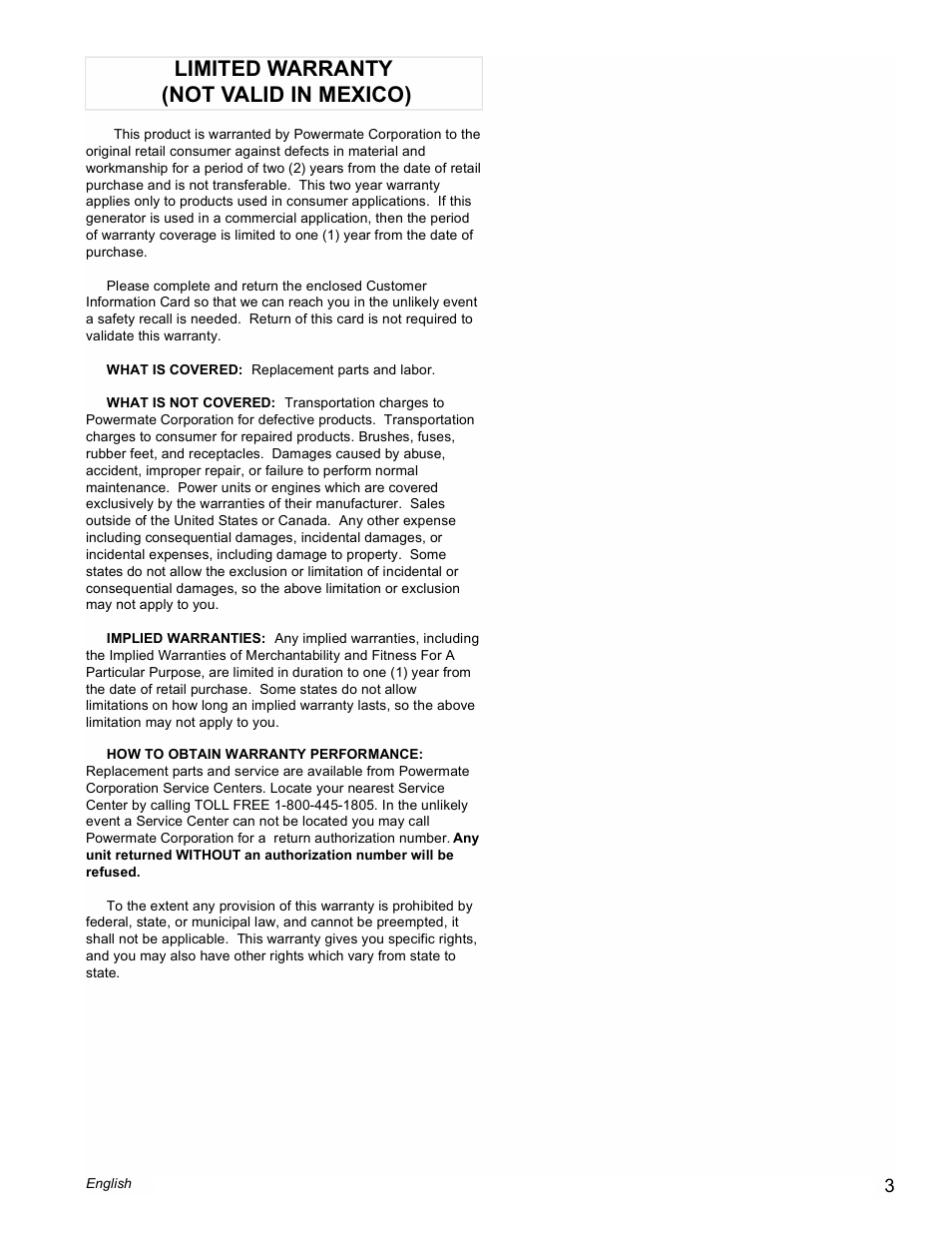 Limited warranty (not valid in mexico) | Powermate PM0401857 User Manual | Page 3 / 12