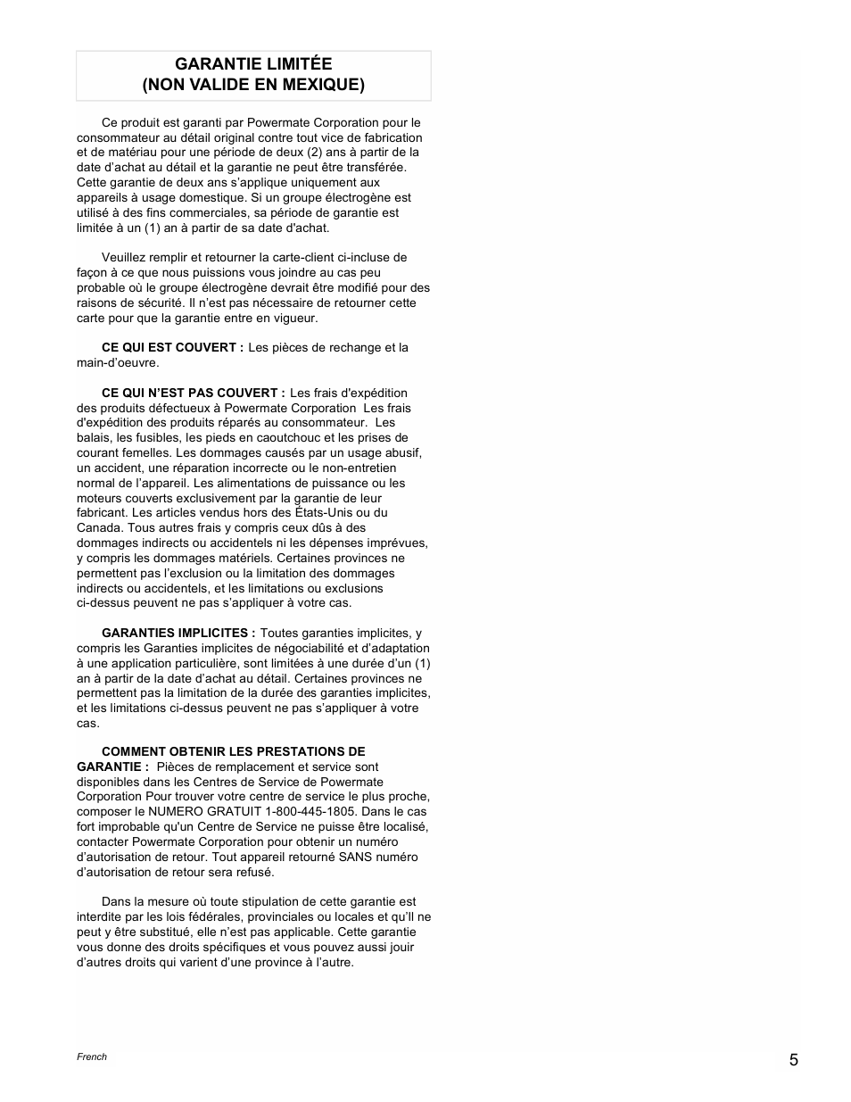 Garantie limitée (non valide en mexique) | Powermate PM0401857 User Manual | Page 5 / 12