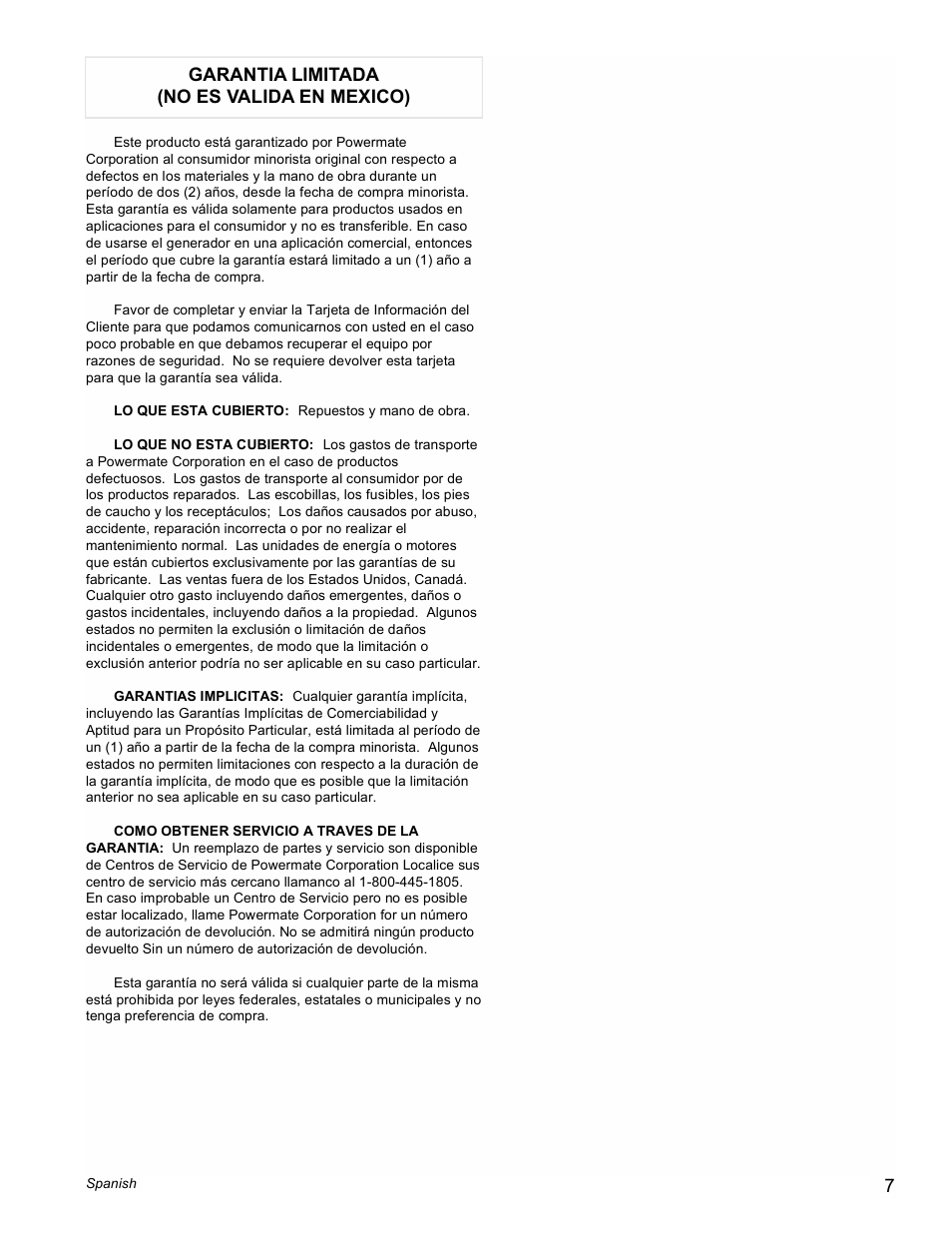 Garantia limitada (no es valida en mexico) | Powermate PM0401857 User Manual | Page 7 / 12