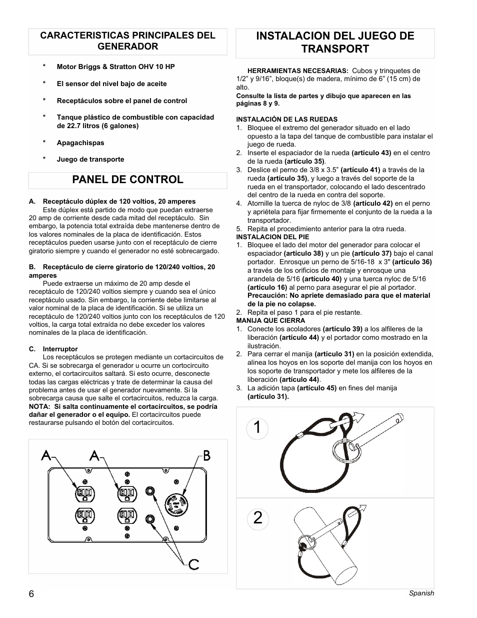 Panel de control, Instalacion del juego de transport | Powermate PL0545007 User Manual | Page 6 / 12