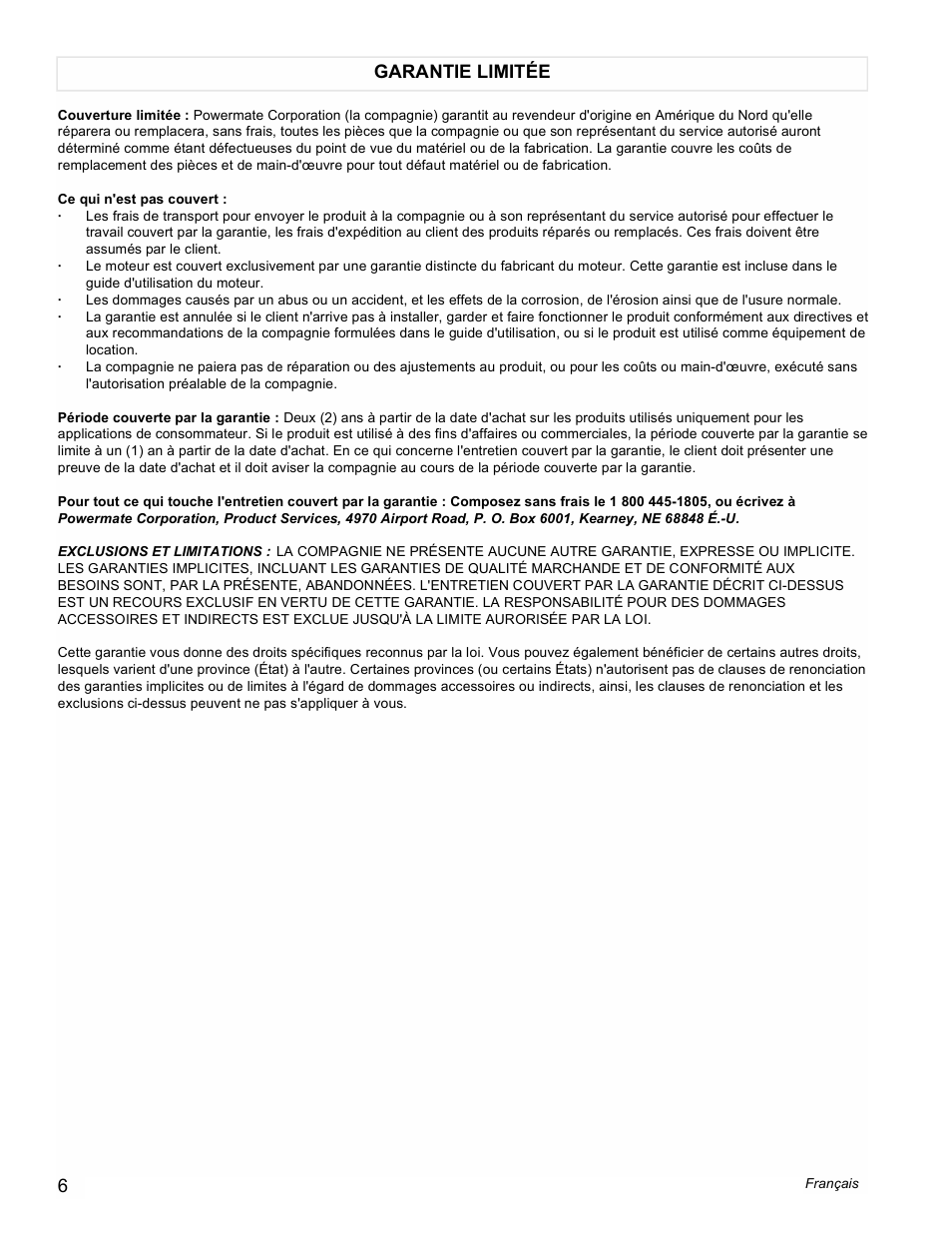 Garantie limitée | Powermate PMC401857 User Manual | Page 6 / 16