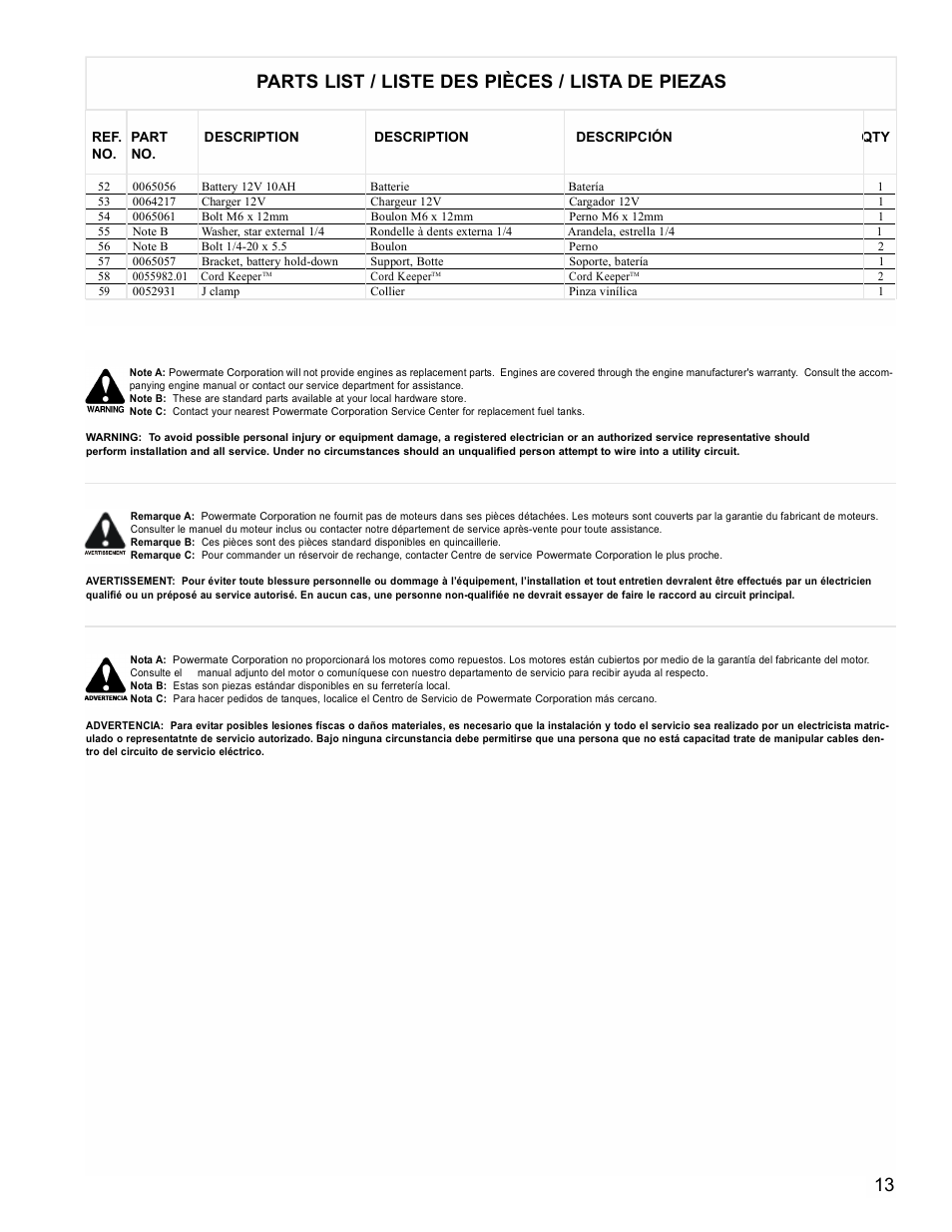 Parts list / liste des pièces / lista de piezas | Powermate PM0435004 User Manual | Page 13 / 16