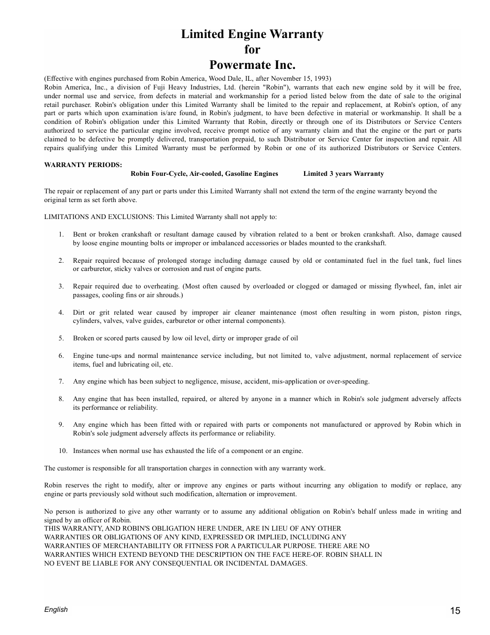 Limited engine warranty for powermate inc | Powermate PM0435004 User Manual | Page 15 / 16