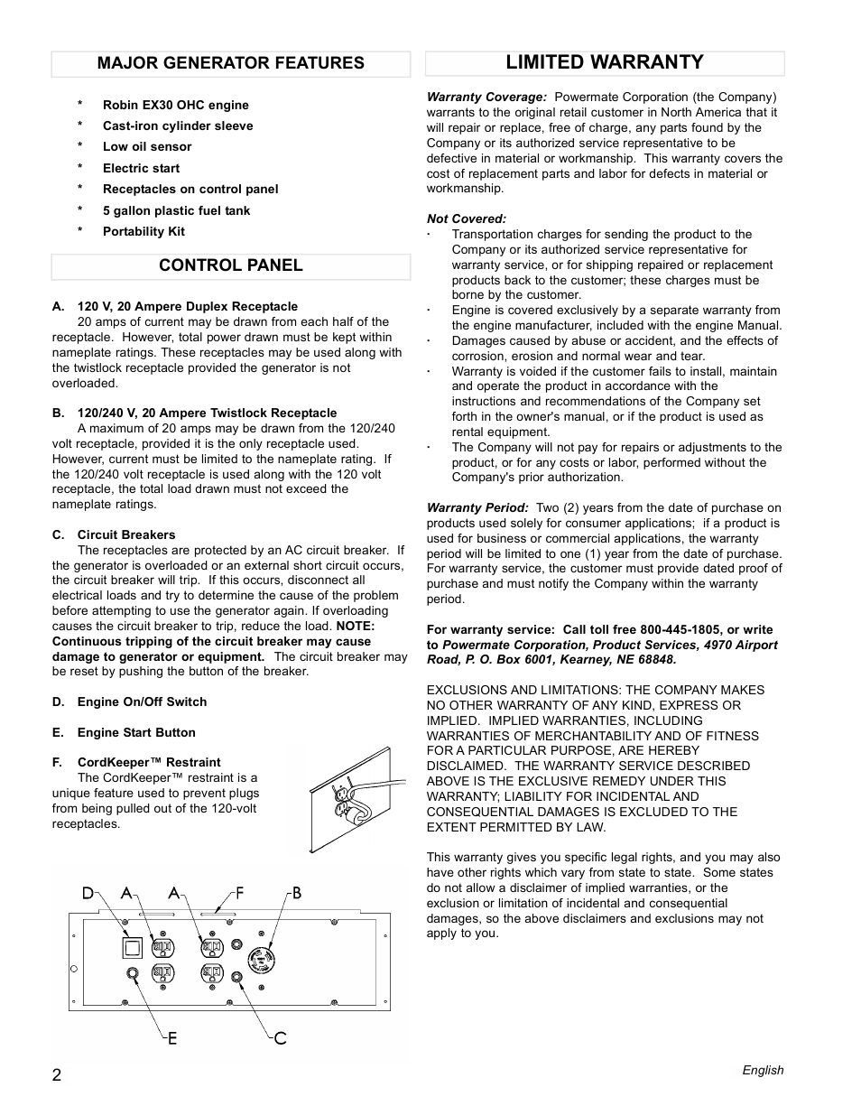 Limited warranty, Control panel major generator features | Powermate PM0435004 User Manual | Page 2 / 16