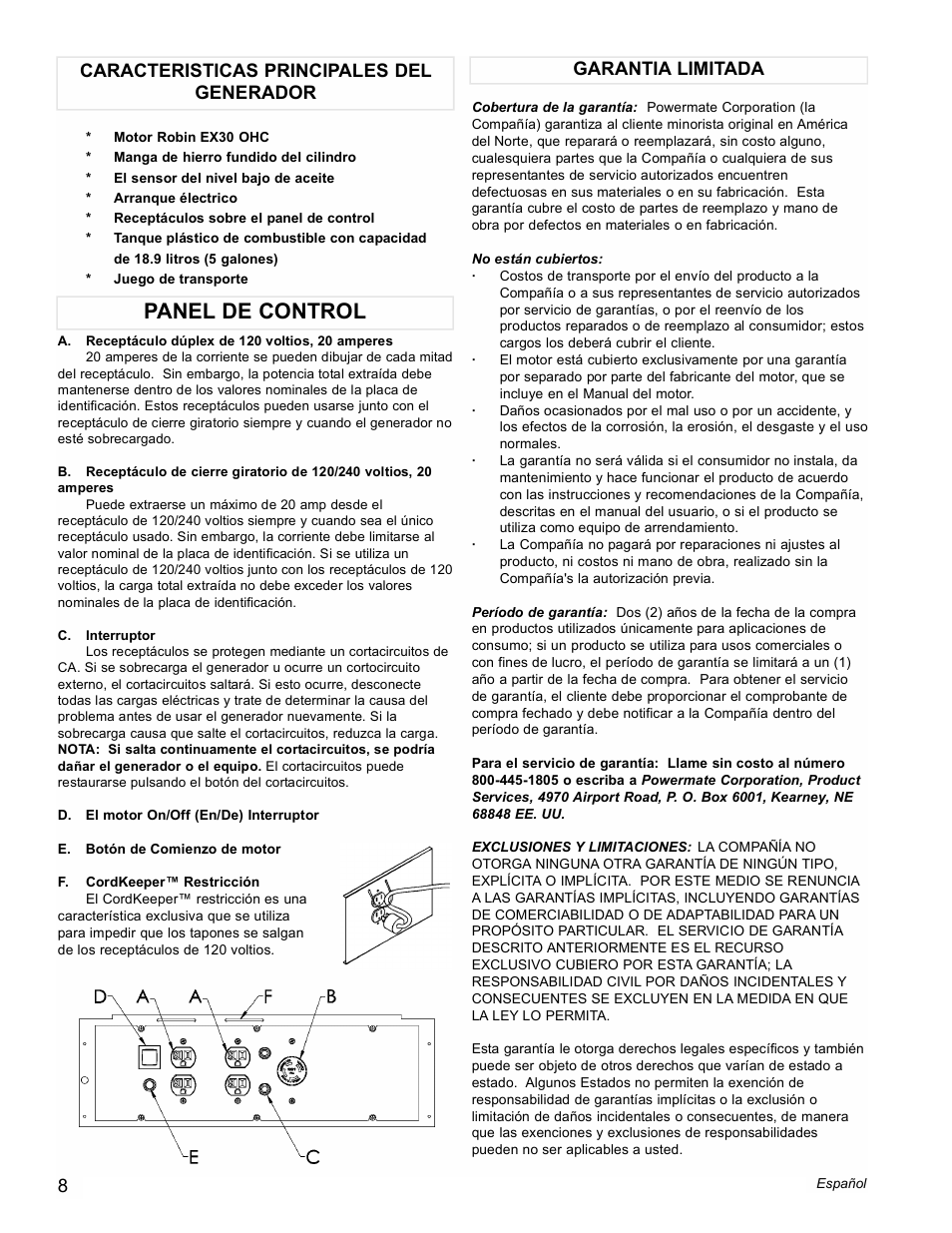 Panel de control | Powermate PM0435004 User Manual | Page 8 / 16