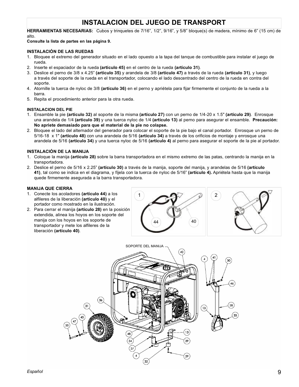 Instalacion del juego de transport | Powermate PM0435004 User Manual | Page 9 / 16