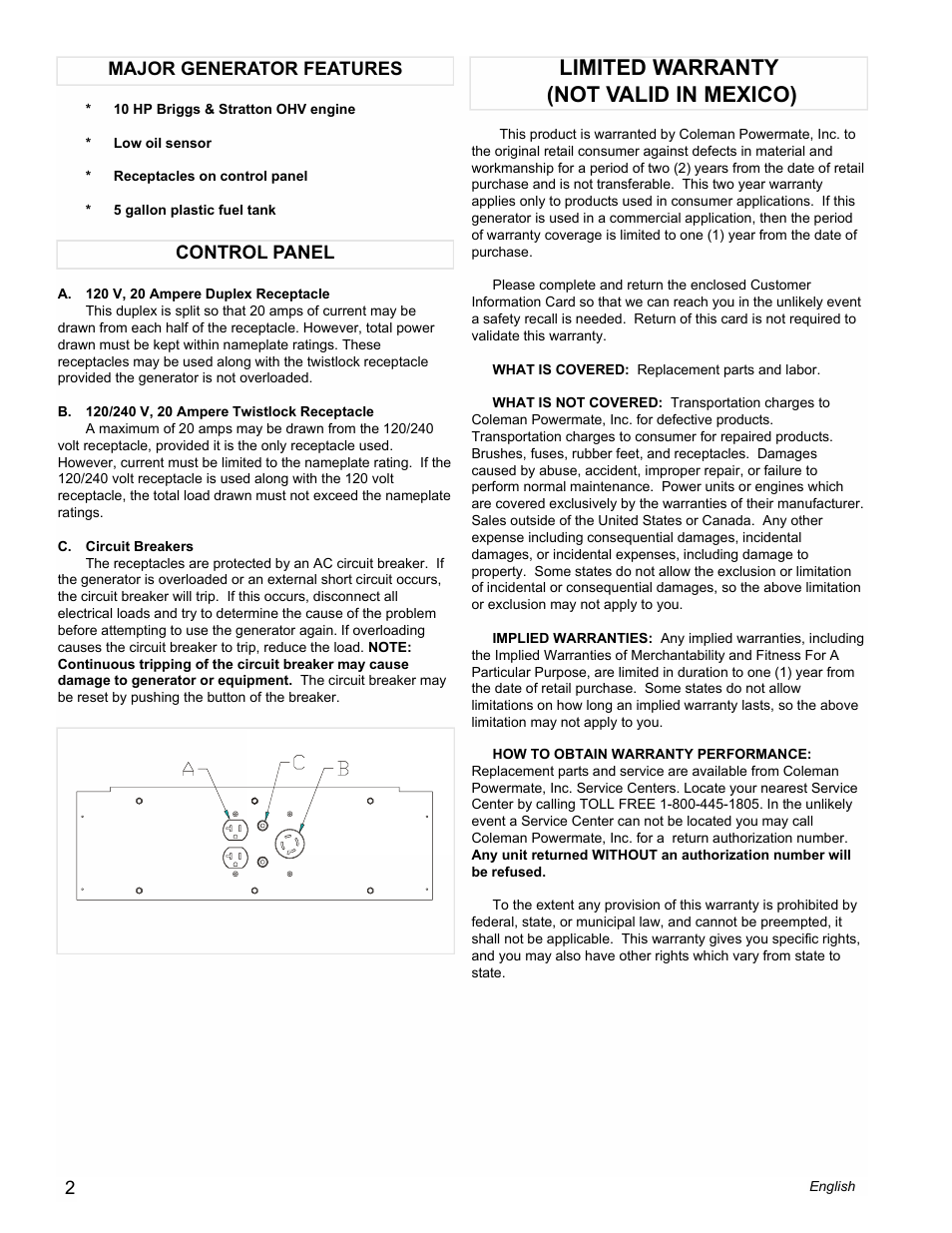 Limited warranty (not valid in mexico) | Powermate PMA545004 User Manual | Page 2 / 8