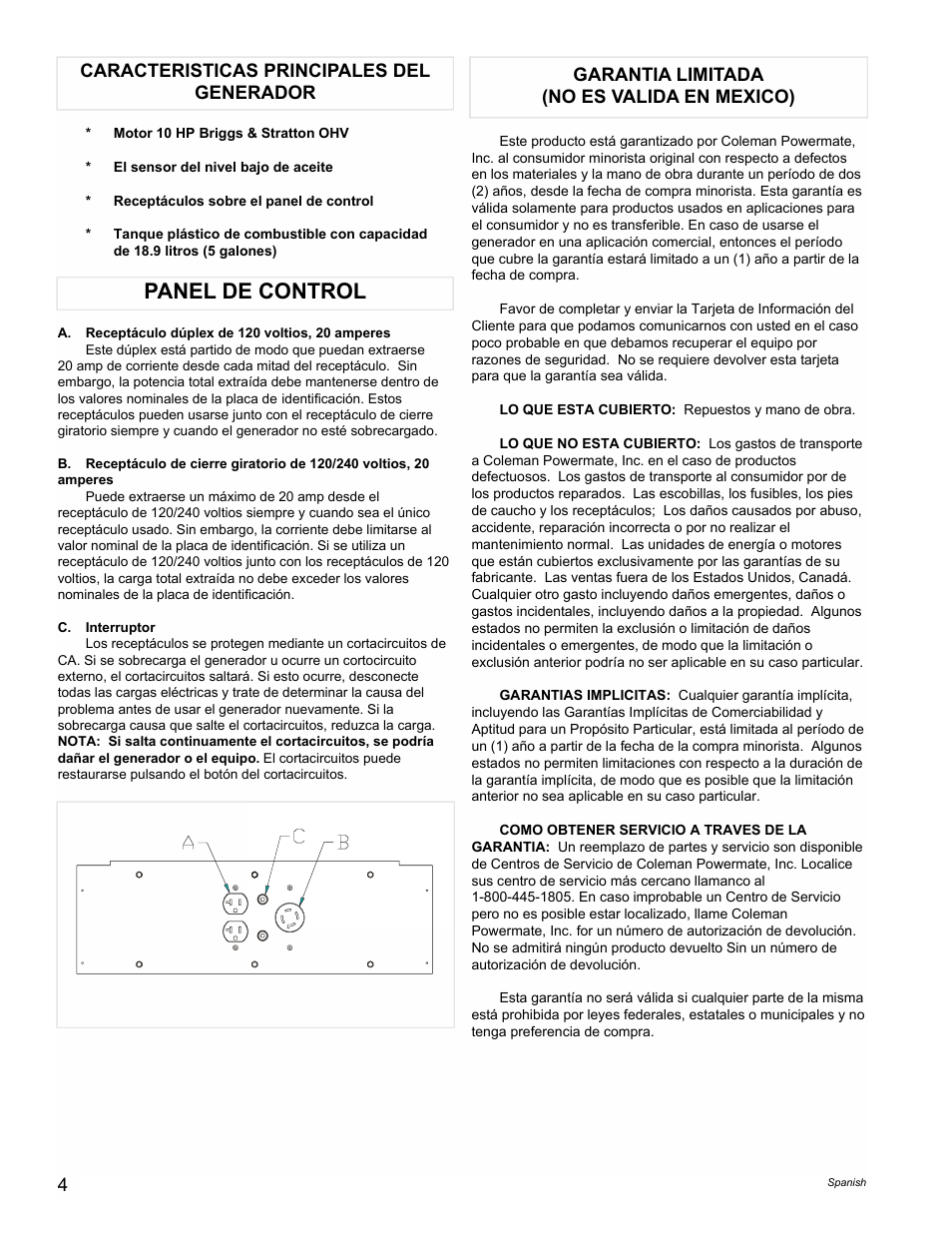 Panel de control | Powermate PMA545004 User Manual | Page 4 / 8