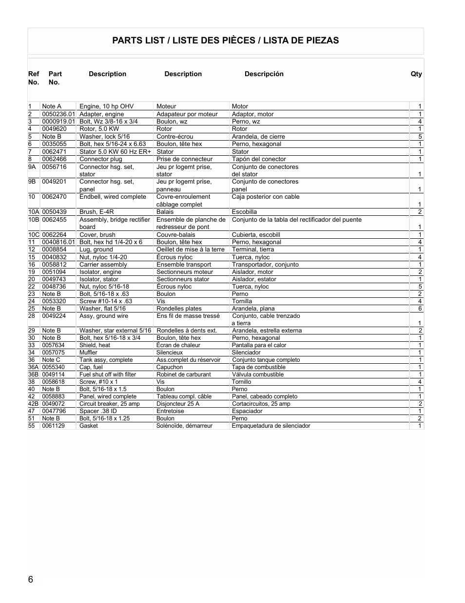 6parts list / liste des pièces / lista de piezas | Powermate PMA545004 User Manual | Page 6 / 8