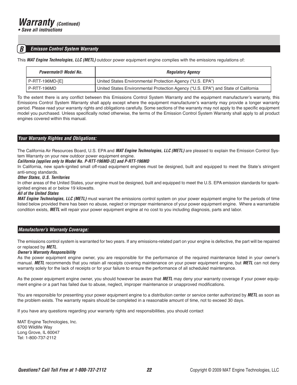 Warranty | Powermate P-RTT-196MD-[E] User Manual | Page 23 / 52