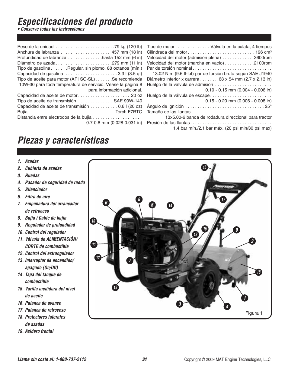 Especificaciones del producto, Piezas y características | Powermate P-RTT-196MD-[E] User Manual | Page 32 / 52