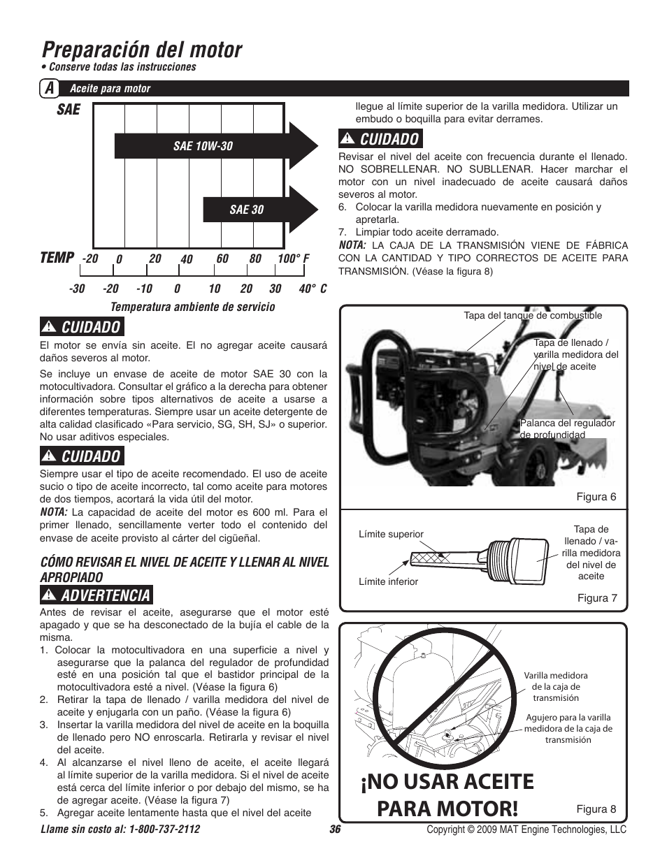 No usar aceite para motor, Preparación del motor, Advertencia | Cuidado, Sae temp | Powermate P-RTT-196MD-[E] User Manual | Page 37 / 52