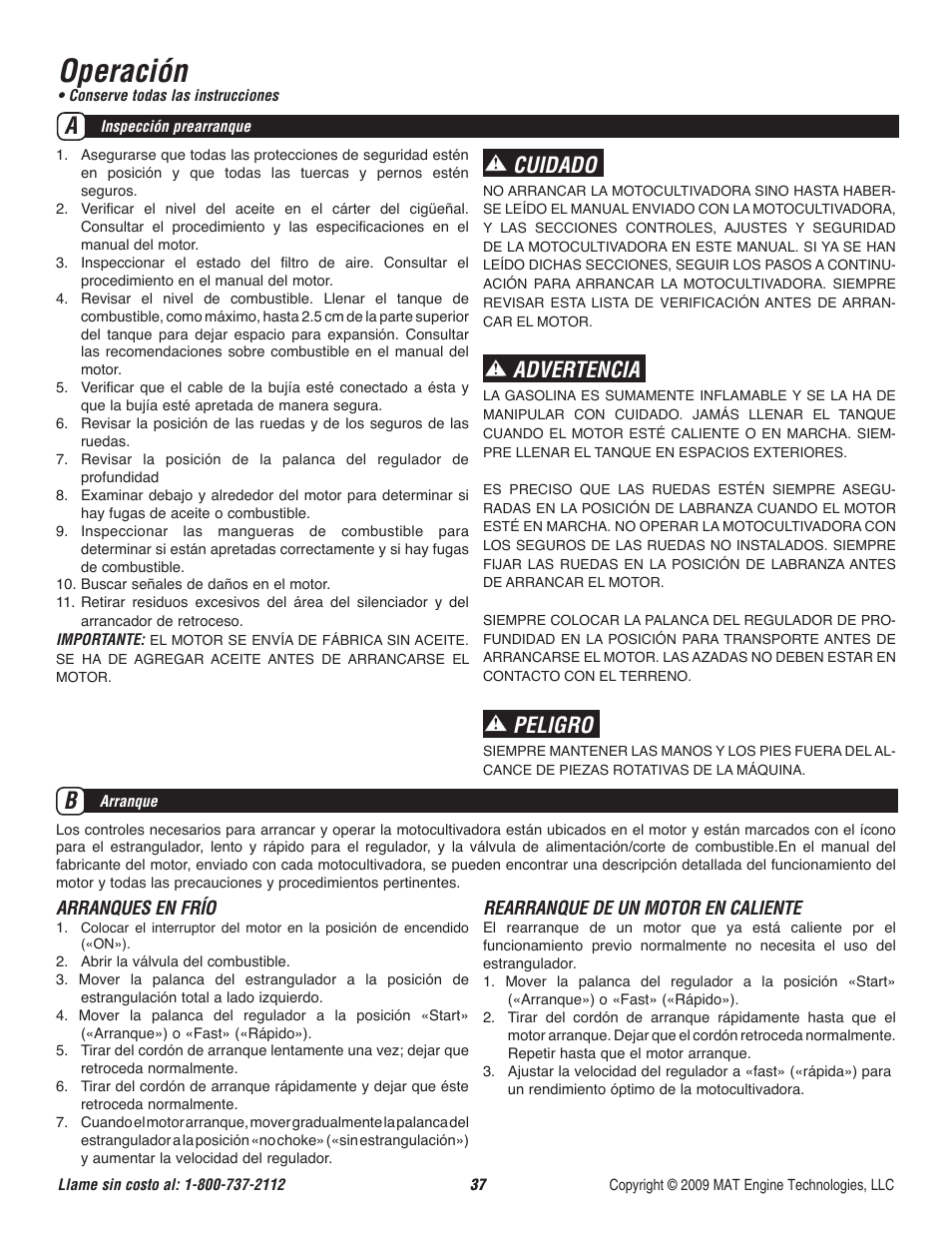 Operación, Cuidado, Advertencia | Peligro | Powermate P-RTT-196MD-[E] User Manual | Page 38 / 52