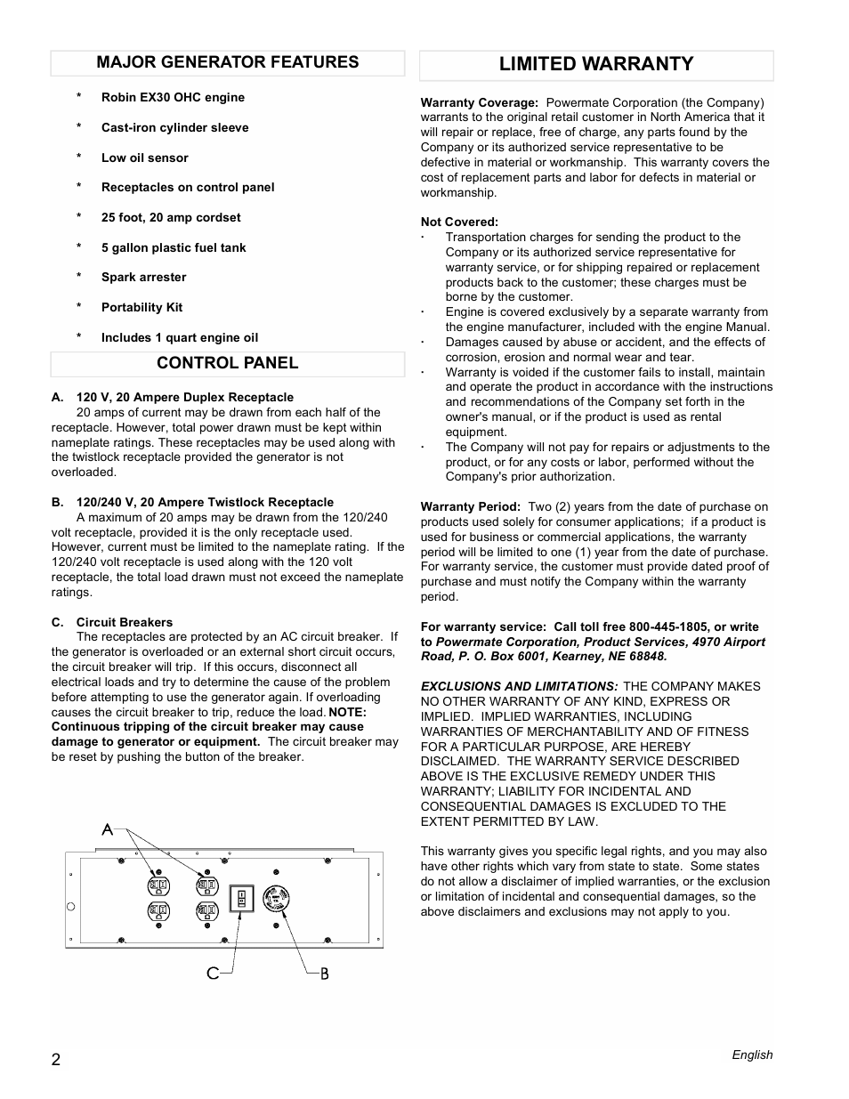 Limited warranty, Control panel major generator features | Powermate PMC435000 User Manual | Page 2 / 16