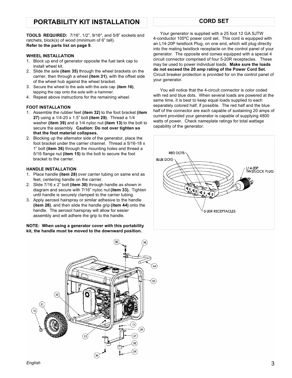 Portability kit installation, Cord set | Powermate PMC435000 User Manual | Page 3 / 16